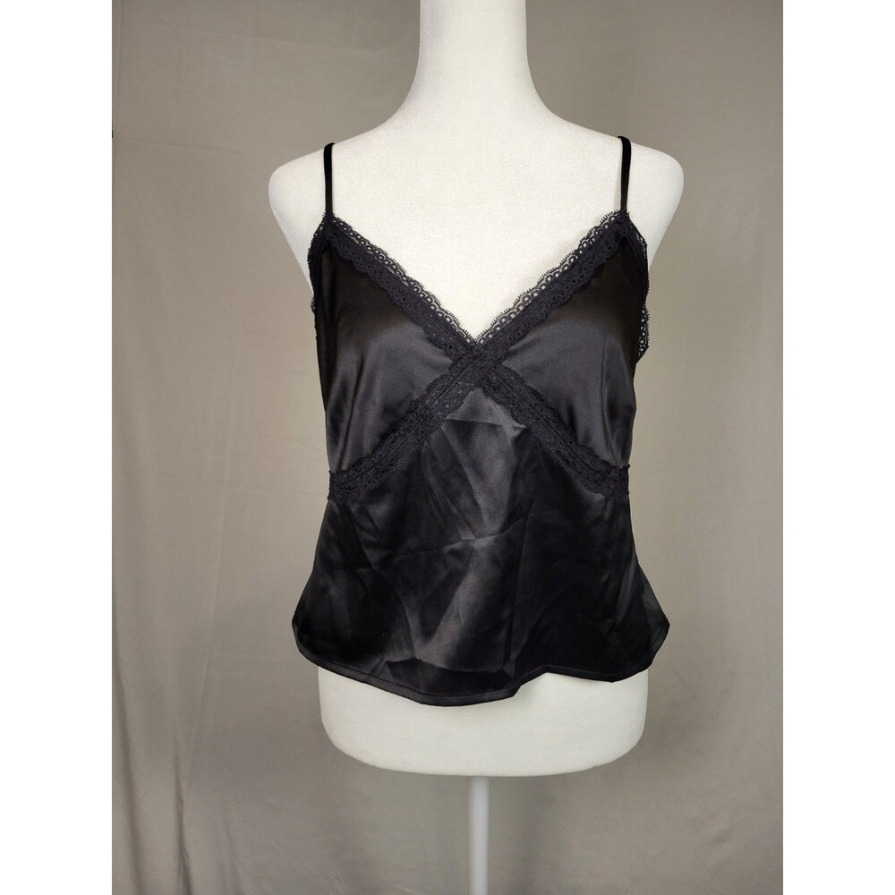 Colsie Cami Babydoll Top Womens XS Oversized Satin Lace Trim Black Dark Romantic